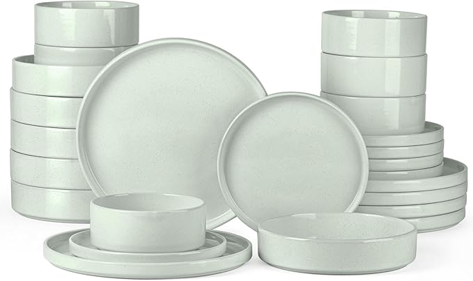 Stoneware Dinnerware Sets for 6 with Double Bowl, Onader 24 Piece Plates and Bowls Dish Dinner Set, Speckled Kitchen Dishware Tableware – Pale Sage Green