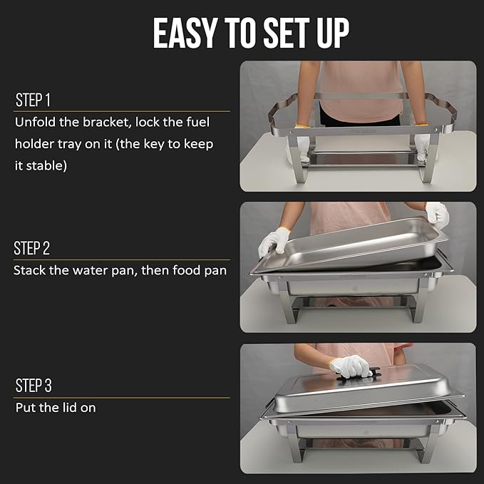 3 Packs Chafing Dish Buffet Set 8QT Stainless Steel with Full Size and 1/2 Size Pans Portable Serve Food Warmer for Catering Parties Wedding Graduation Commercial Events, 5 Pans