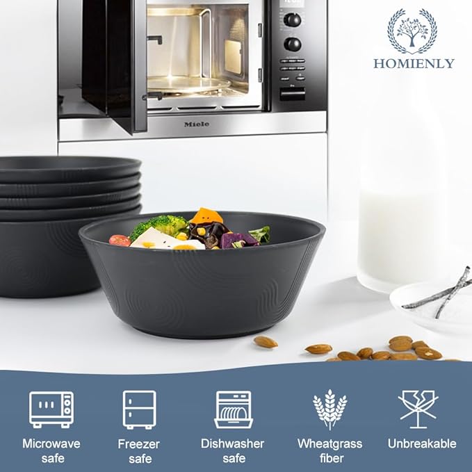 Homienly Cereal Bowl, Large Soup Bowl Set, Wheat Straw Bowl with Textured Design - 36oz Bowl Set, 6 PCS Microwave and Dishwasher Safe Bowls, Bowls for Kitchen, Serving Soup,Ramen,Pho,Salad - Black