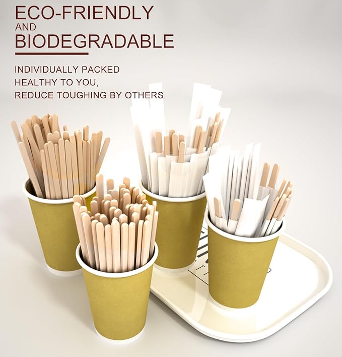 Coffee Stirrers 500pcs Individually Wrapped Coffee Stirrers Wood - 7 Inch Disposable Wooden Stir Sticks for Coffee, Cocktail and Hot Drinks