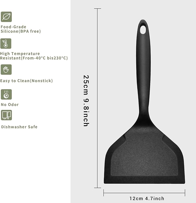 Dioycli Silicone Spatula Turner Wide pancake flipper, Non Stick Egg Flipper Spatula Bpa Free Tamagoyaki, Black, 2 Pieces for Cake Egg Pizza Steak Fish