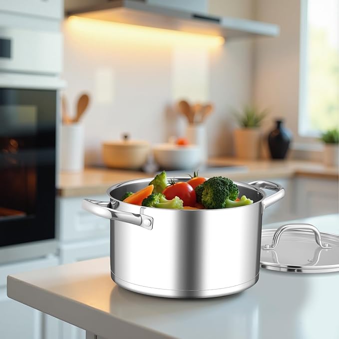 Leonyo Small Stock Pot, 4 Quart StockPot with Visible Lid for Soup Pasta Vegetable, 18/10 Stainless Steel Cooking Pasta Soup Pot for Induction Ceramic Gas Stoves, Tri-Ply Bottom & Dishwasher Safe