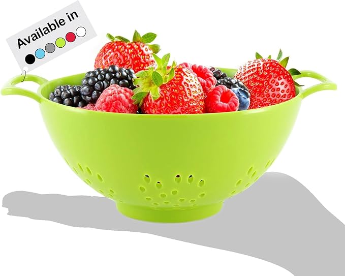 Meadow Lane 6-inch Small Colander, BPA-Free, Dishwasher Safe, Double Handles, Compact Food Strainer for Berries, Veggies and Pasta, 3-Cup Capacity, Meadow Green