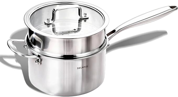 DELARLO Tri-Ply Stainless Saucepan 3.5Quart Steamer Set With Glass Lid, Ergonomic Handle, Multipurpose Sauce Pan, Kitchen Sauce Pot，Oven Safe