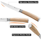 Natura Series 4.5” Serrated Steak Knife Set of 8, High Carbon Stainless Steel, Wooden Handle