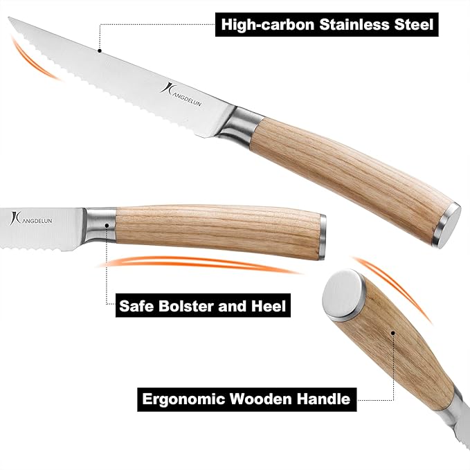 Natura Series 4.5” Serrated Steak Knife Set of 8, High Carbon Stainless Steel, Wooden Handle