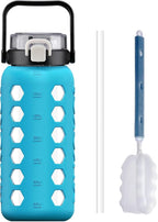 MUKOKO Half Gallon/64 oz Glass Water Bottles with Straw and Lid,Motivational Water Jug with Time Marker Reminder and Silicone Sleeve,100% Leakproof BPA Free Fitness Sports Large Bottle-Teal