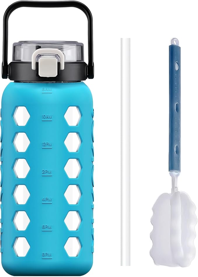 MUKOKO Half Gallon/64 oz Glass Water Bottles with Straw and Lid,Motivational Water Jug with Time Marker Reminder and Silicone Sleeve,100% Leakproof BPA Free Fitness Sports Large Bottle-Teal
