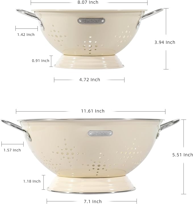Metal Colander 2 Pack, Strainer Bowel with Handles 2Qt & 6Qt Powder Coated Solid Ring Base Heavey Duty Kitchen Drainer Basket for Pasta Veggies and Fruits,New Home Apartment Essentials (Almond Cream)