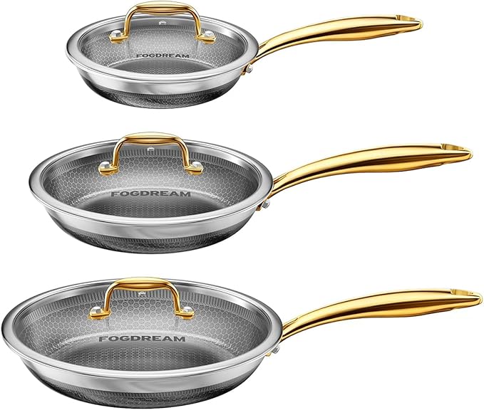 Fogdream 8"10"12" Stainless Steel Pan, Non Stick Frying Skillet with Lid, Tri-Ply Stainless Steel for All Cooktops, Dishwasher and Oven-Safe Cooking Pan, Stay-Cool Handle, Gold