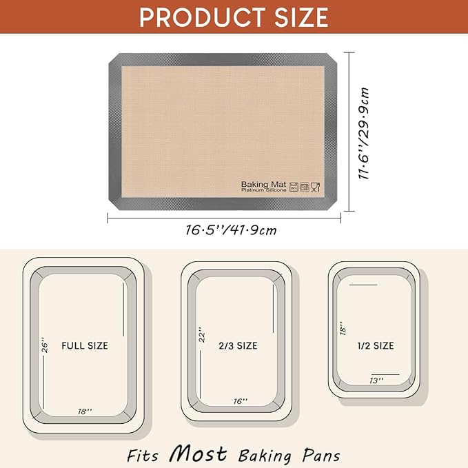 Silicone Baking Mat, Sopito Food Safe Silicone Baking Sheet, Heat Proof 480℉ Cooking Mat, Length 16.5 in Width 11.6 in, 2 PCS-Grey