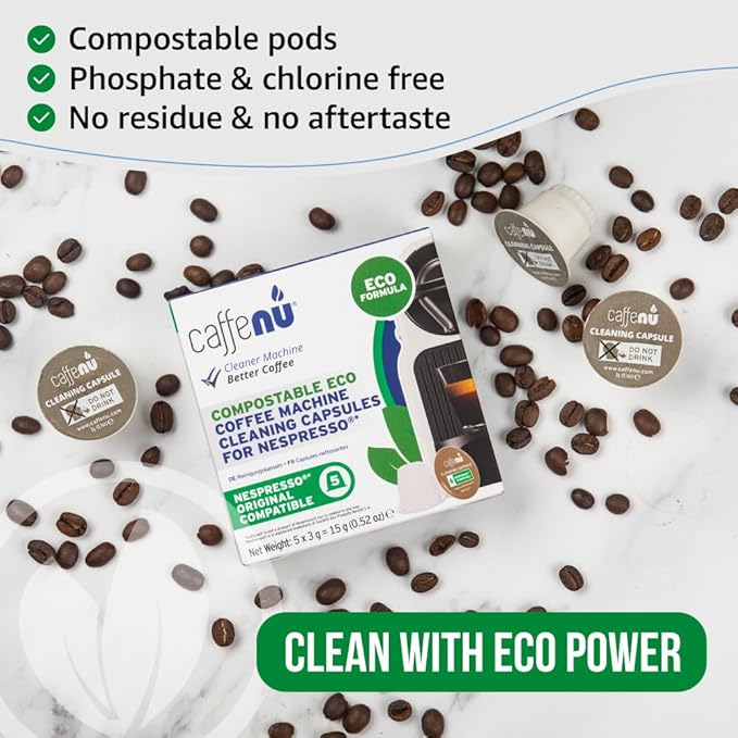Nespresso Compatible Cleaning Pods. 5 Eco Cleaner Capsules. Improved Coffee Flavour. For Nespresso Originaline, Use with Descaling Kit.