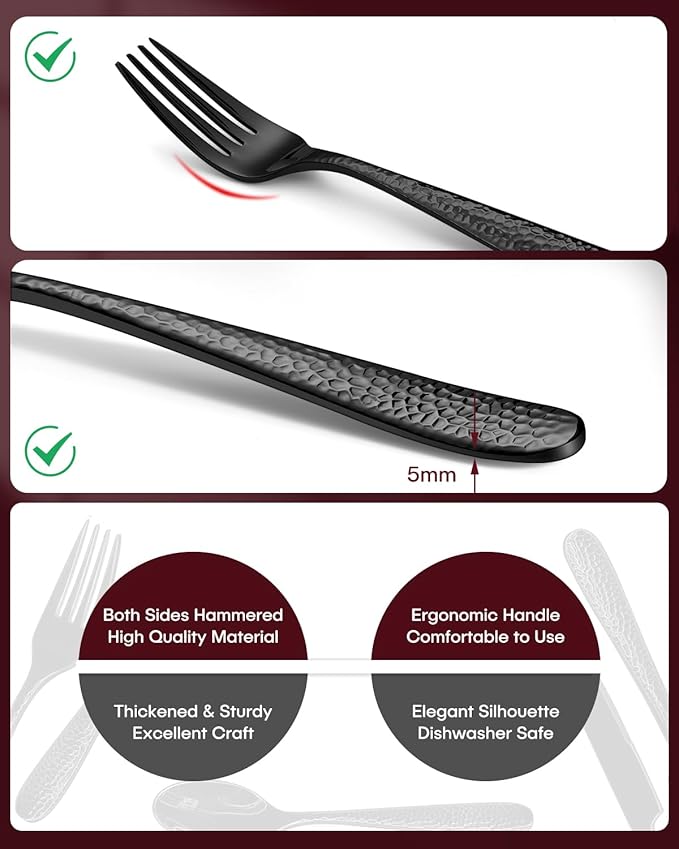 Hammered Black Silverware Set, EUIRIO 24 Pieces Cutlery Sets for 4, Heavy Duty Stainless Steel Flatware, Food-Grade Utensil Sets Includes Spoons Forks and Knives, Mirror Finish Dishwasher Safe