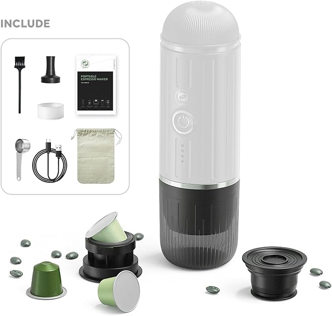 Portable Electric Espresso Machine, Travel Coffee Maker for Camping, Car Coffee Maker Self-Heating with USB-C, With Ground Coffee & NS Capsule for RV, Hiking, Office (White)