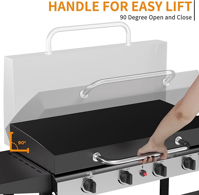 4 Burner BBQ Gas Griddle with Hood, 30 Inch Stainless Steel Portable Detachable Propane Griddle, 60,000 BTU Flat Top Barbecue Grill with Lid for Camping