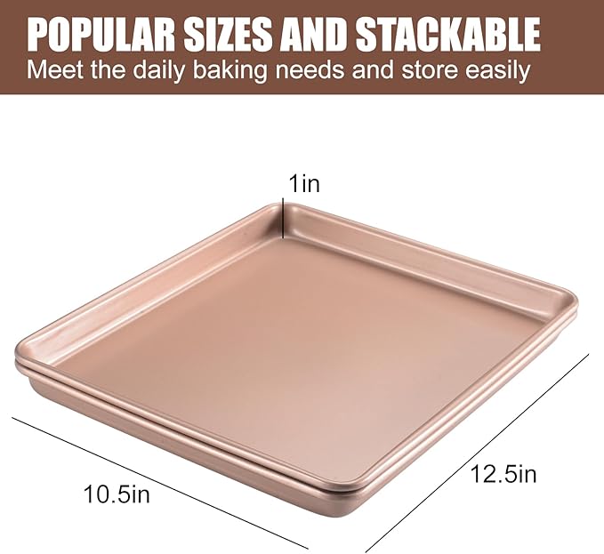 Heavy Duty Baking Sheets for Toaster Ovens - 12.5x10.5 Inch Nonstick Cookie Pan Set (0.8mm 2X Thicker Carbon Steel) Warp & Rust Proof, PFOA Free -Champagne Gold Trays