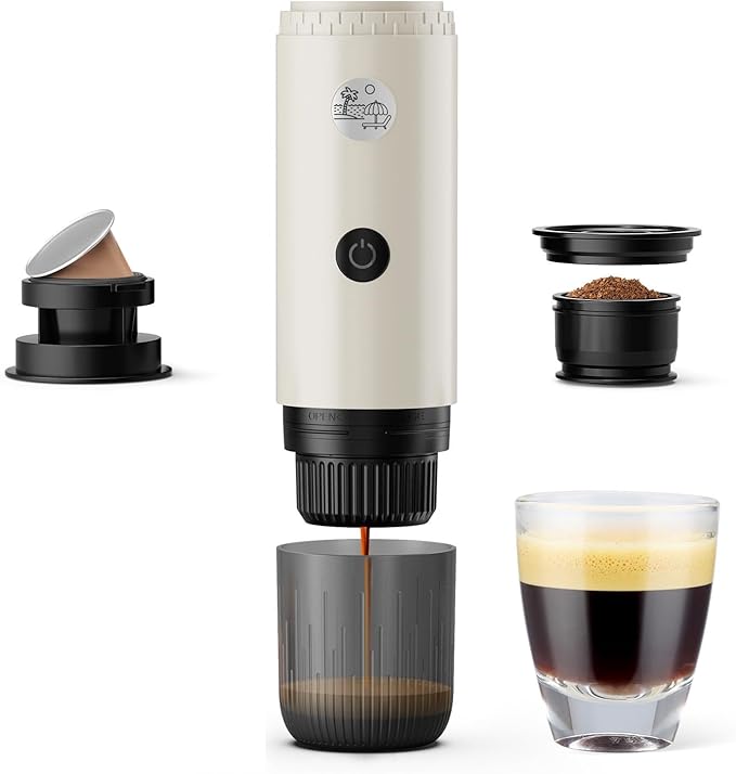 Portable Espresso Machine, Travel Coffee Maker for Camping, Car Coffee Maker Self-Heating with USB-C, 2 in 1 With Ground Coffee & NS Capsule for RV, Hiking, Office,Christmas Gifts for Men(White)