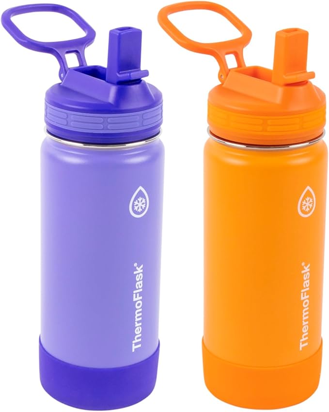 ThermoFlask Kids Bottle with Straw Lid - Durable & Dishwasher-Safe Water Bottles & Lids - Leak-Proof Bottle Lid Design - Reusable Water Bottles for Everyday Use - 16 oz, Purple/Orange (2 Pack)