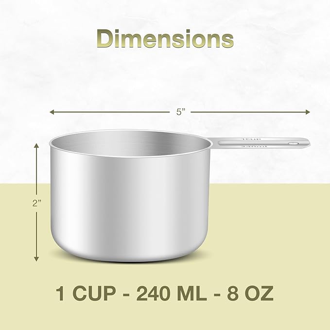 2PCS 1Cup (240ml, 8oz) Single Measuring Cup, Etched Inner Scale Stainless Steel Measure Scoop, Metric and US Measurement, Dishwasher Safe