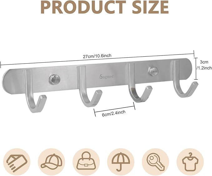 Coat Hook Rack Brushed Nickel 10.6-Inch Coat&Towel Hook Rail Wall Mounted with 4 Hooks, Durable Wall Hangers for Bedroom, Bathroom, Foyer, Hallway (SUS304 Stainless Steel)