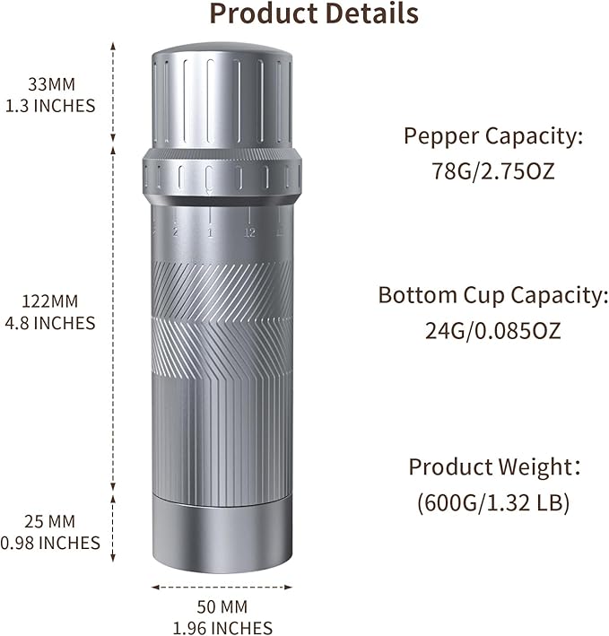 Luvan Professional Grade Pepper Grinder,External Adjustable Coarseness Manual Pepper Mill Grinder, Heavy Duty Aluminum Coarse Pepper Grinder Refillable,Spice Grinder with Stainless Steel Burrs (Gray)