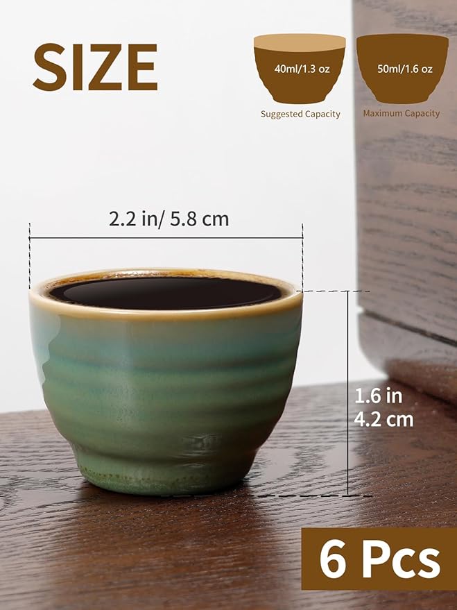 1.6oz Espresso Cups Set of 6, Green Ceramic Demitasse Coffee Cups for Espresso, Small Shot Cups – Stackable Mini Mugs for Home, Cafe, Restaurant – Dishwasher & Microwave Safe