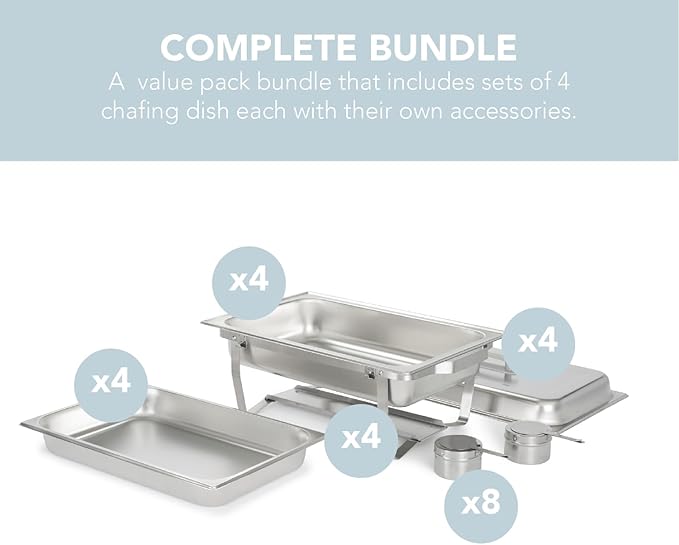 4 Pack Chafing Dish Full Set – Stainless Steel Catering Chafer with Lids, Pans & Fuel Holders – Buffet Food Warmers for Parties, Events & Weddings – Alpine Gray Handles