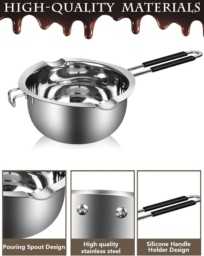 Artcome 304 Stainless Steel Melting Pot Set with Dual-Handles, Silicone Spatula & Spoon, 2600ml Pot & 1200ml Melting Bowl, Heat-Resistant Silicone Handles, Perfect for Melting Chocolate, Butter
