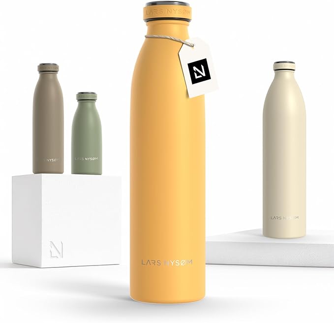 LARS NYSØM Stainless Steel Insulated Water Bottle 12 oz 17 oz 25 oz 34 oz 51 oz | Insulated Thermo Flask for Hot and Cold Beverages | Leakproof Drinking Bottle (Mustard Yellow, 25.4 oz)