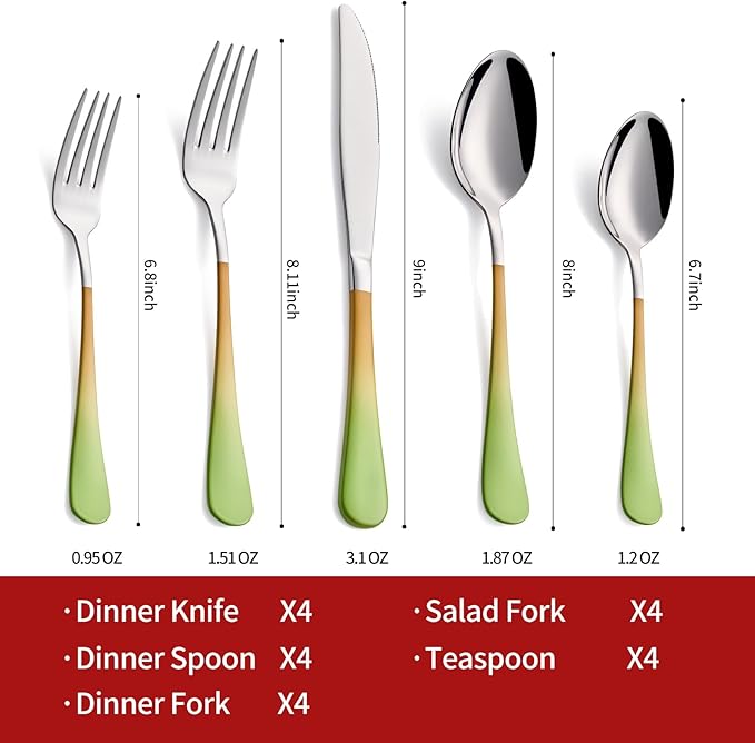 Colorful Silverware Set 20 Piece 18/0 Stainless Steel Flatware Green and Orange Handle Cutlery Set Service for 4 Fork Knife Spoon Set Mirror Finish Dishwasher Safe