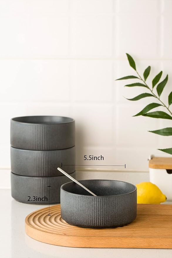 famiware Star Cereal Bowl Set, Soup Bowls Set of 6, Double Reactive Glaze, Stackable, 23 oz Deep Bowls Suitable for Popcorn, Oatmeal, Dessert - Dishwasher and Microwave Safe, Matte Dark Charcoal