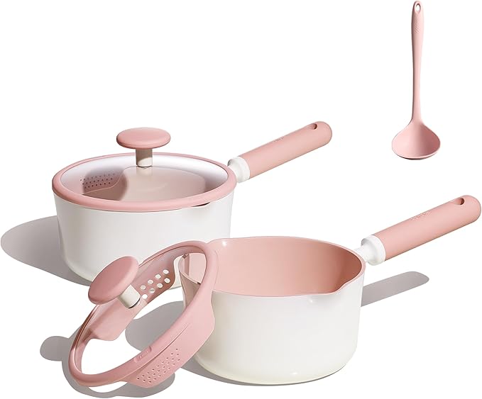 CAROTE 2.5QT & 3.0QT Sauce Pan Sets with Lid & Ladle Ceramic Nonstick Pot Set Non Toxic Saucepan with Stay-cool Handle Small Kitchen Cooking Pots, Easy to Clean, Induction Comptable, PFOA FREE