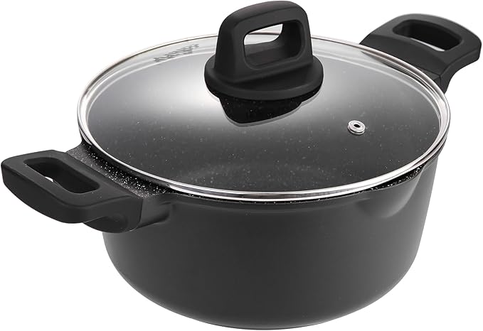 11 Inch Non Stick Pan Casserole Pot with Lid & Pour Spout - Lightweight 6.84 Quart Granite Coated Soup Pot Comfort Grip Handle - Induction Compatible PFOA Free Non Stick Cookware (Black)
