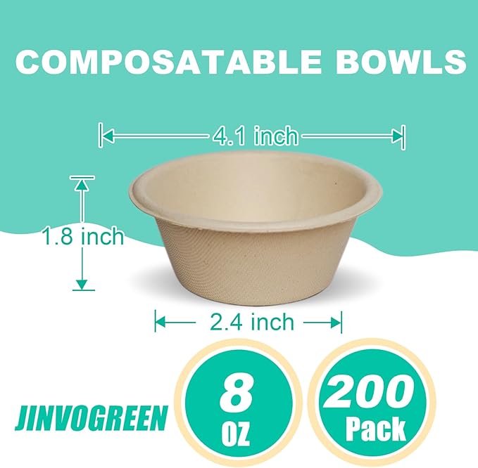 200 Count 8 oz Paper Bowls, Disposable Compostable Bowls, Heavy Duty Biodegradable Sugarcane Bagasse Bowl for Snacks, Fruits, Desserts, Natural