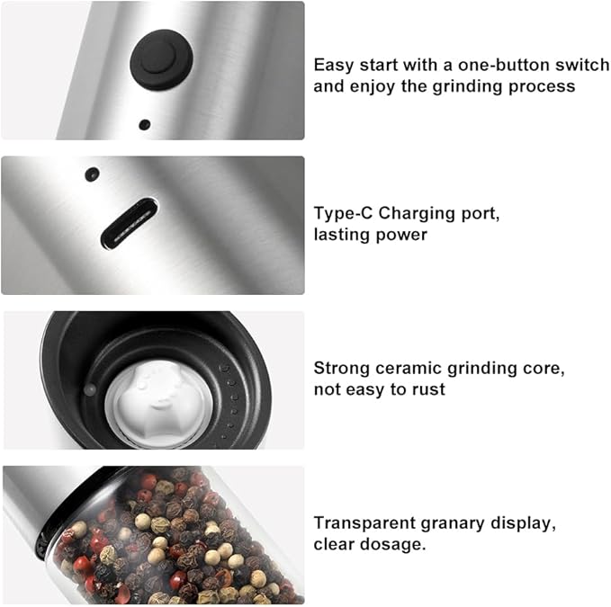 Grind Gourmet Electric Salt and Pepper Grinder Set, USB Rechargeable, Adjustable Coarseness, One-Handed Operation, Stainless Steel and Glass