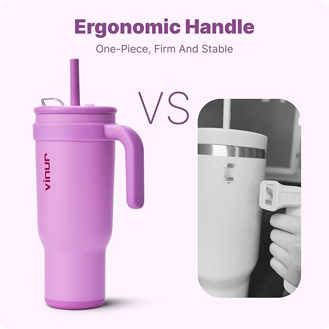 VINUR 40 oz Tumbler with Handle and Straw Lid-Reusable Stainless Steel Insulated Tumbler Cup for Water Coffee, Leakproof Travel Mug with Rubber Base(Lilac Purple)