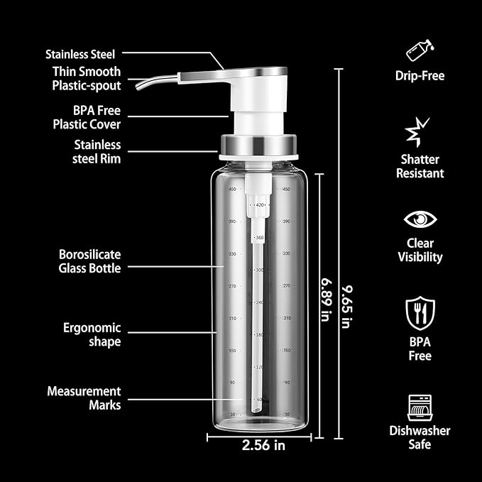 Sauce Pump Dispensers, Coffee Syrup Dispenser, 17 oz Glass Bottle with Stainless Steel Pumps, Leak-Proof, Food Grade Pumps for Honey, Syrups, Oil, Condiments, Salad Dressings (2X Units)