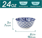 vancasso SELENE 24 oz Cereal Bowls set of 6, Ceramic Soup Bowls for Kitchen, Dishwasher & Microwave Oven Safe- for Cereal, Soup, Pasta, Salad, Blue & White Floral Design Bowl Set