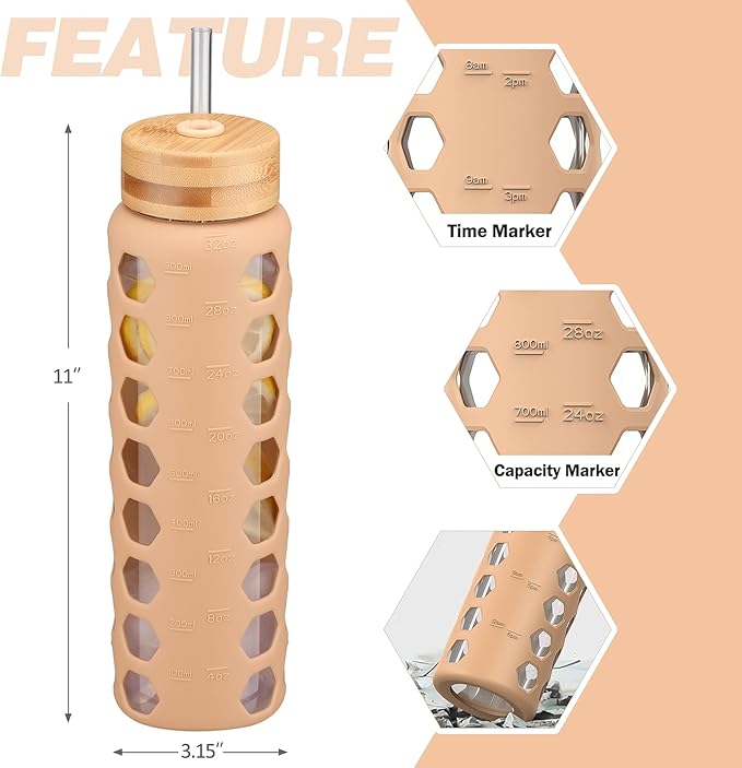 MUKOKO Glass Water Bottles, 32oz Glass Tumbler with Straw, Drinking Bottles with 2 Lids-Handle Spout Lid&Bamboo Straw Lid, Motivational Water Bottle with Time Marker and Silicone Sleeve, 1 Pack-Amber