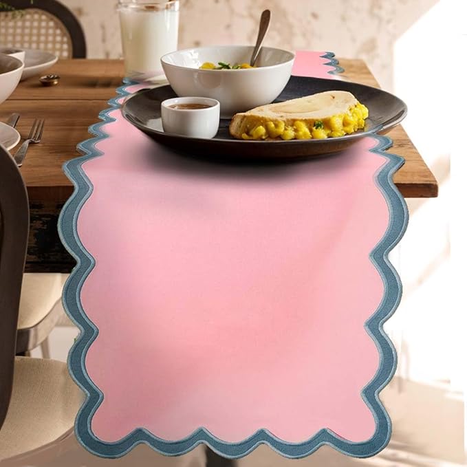 Folkulture Table Runner | Table Runners 90 inches Long | Scallop Table Runner for Farmhouse Decor or Boho Decor | Boho Pink Table Runners for Dining Room Table Decor | Pastel Party Decorations
