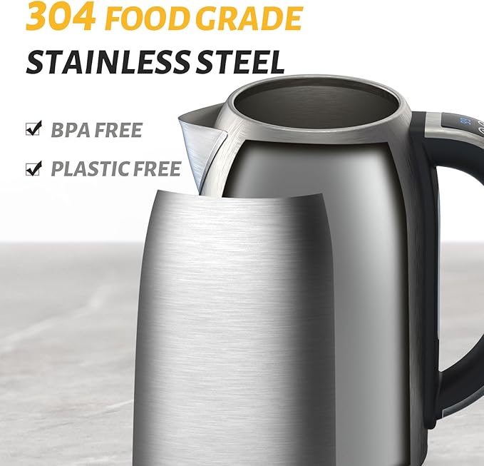 Electric Kettle, 1.7L/1500W, Stainless Steel, Digital Touch Panel, Keep Warm Function, Auto Shutoff, BPA-Free, Hot Water Kettle for Coffee & Tea, No Plastic Contact with Water