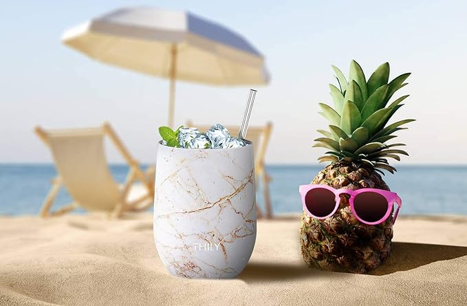 THILY Stainless Steel Insulated Wine Tumblers 12 oz Cute Travel Stemless Glasses with Sliding Lids and Metal Straws, Keep Hot or Cold for Wine, Coffee, Juice, 2 Pack(Gold Marble + Blue Marble)