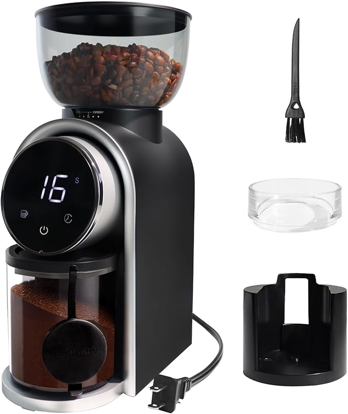 Electric Coffee Grinder Touchscreen 2-14 Cup Conical Burr Coffee Grinder with 25 Grinding Settings Cleaning Brush Grindable Espresso Drip Coffee French Press for Home Use 110V Black