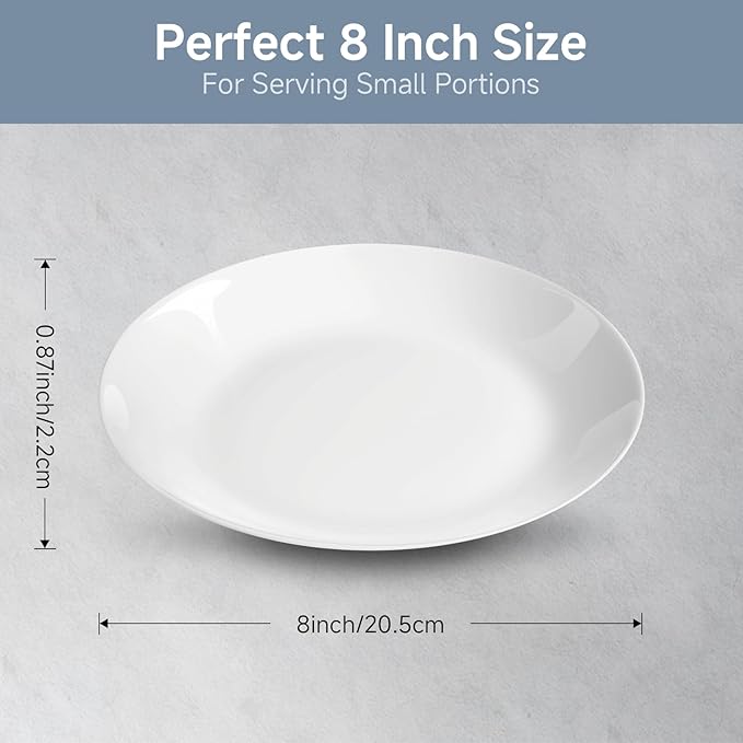 White Ceramic Dessert Plates Set of 8, 8 inch, Appetizer Plates, Salad Plates, Small Plates, Microwave & Dishwasher Safe