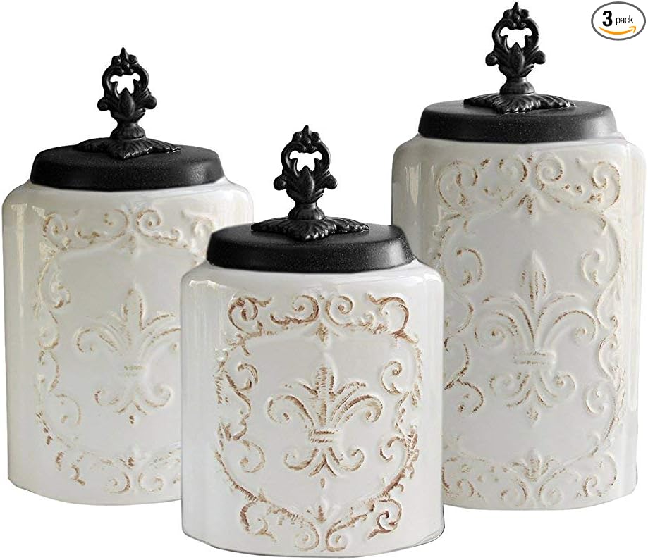 American Atelier White 3-Piece Fleur de Lis Canister Set, 46.0 ounces