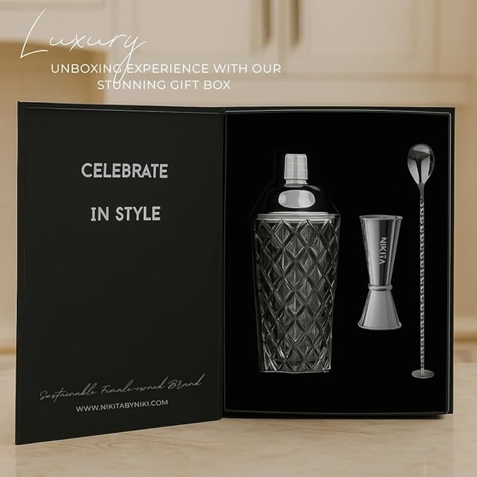 Silver Cocktail Shaker Set - 5 Piece Martini Shaker Set with Strainer, Jigger, Spoon & Muddler - 16oz Glass Cocktail Shaker Set - Ideal Gift for Home Bar & Drink Trolley Décor