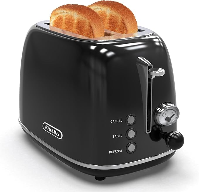 Toaster 2 slice,Retro Stainless Steel Toaster with 6 Settings, 1.5 In Extra Wide Slots, Bagel/Defrost/Cancel Function, Removable Crumb Tray (Dark)