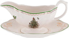 Spode Christmas Tree Gold 10 Oz Gravy Boat and Stand - Elegant Christmas Porcelain Sauce Boat, 22K Gold Accents, Luxurious Holiday Serveware for Gravy, Sauces, Festive Gatherings, Dishwasher Safe