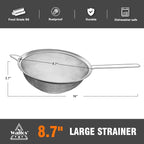 Walfos 9 Inch Large Fine Mesh Strainer, Kitchen Metal Food Strainers with Sturdy Handle, Stainless Steel 30 Mesh Sieve Sifters for Rice, Quinoa, Pasta, Fruits, Vegetables, etc.