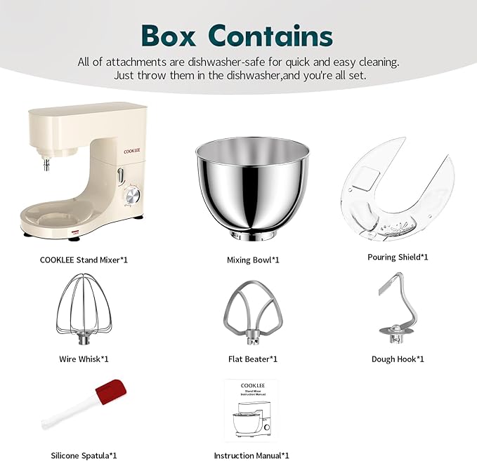 COOKLEE Stand Mixer, 9.5 Qt. 660W 10-Speed Electric Kitchen Mixer with Dishwasher-Safe Dough Hooks, Flat Beaters, Wire Whip & Pouring Shield Attachments for Most Home Cooks, White